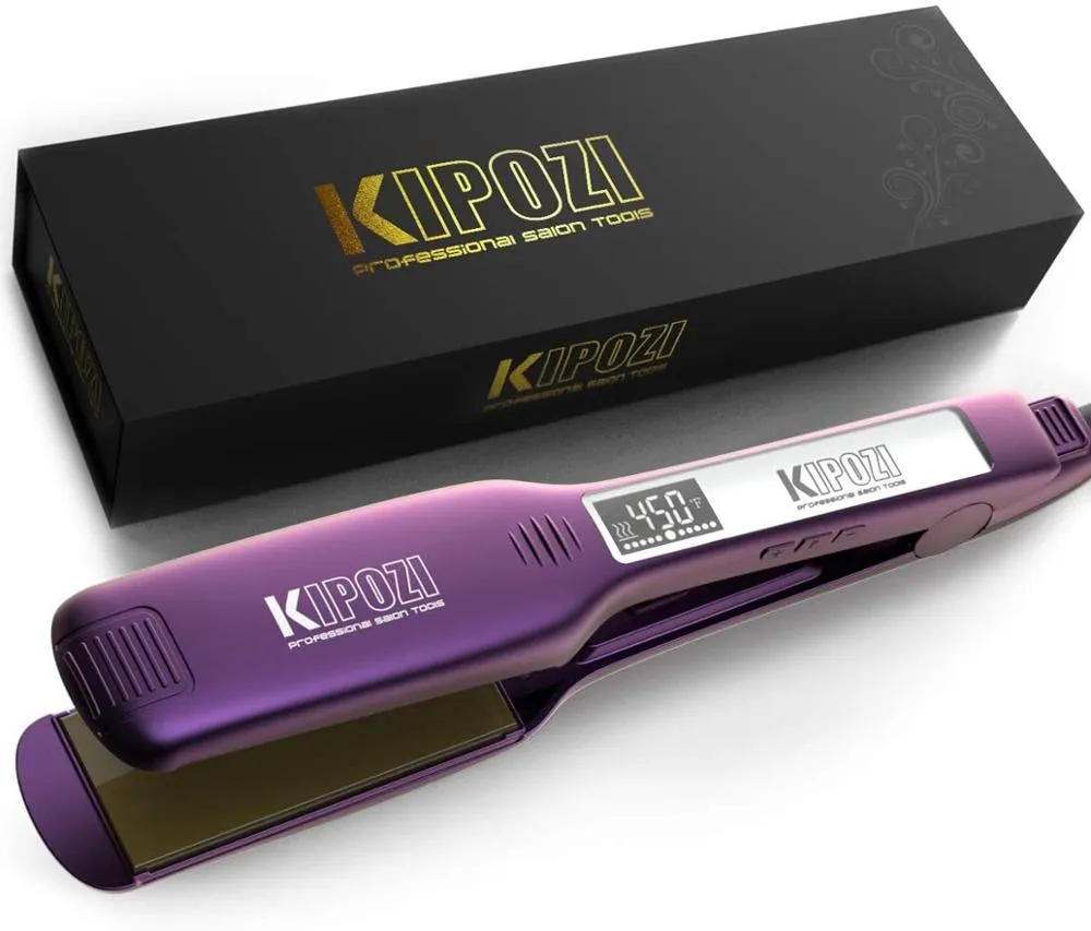KIPOZI Professional Hair Straightener Titanium Flat Iron with Digital LCD Display Dual Voltage Instant Heating Curling Iron