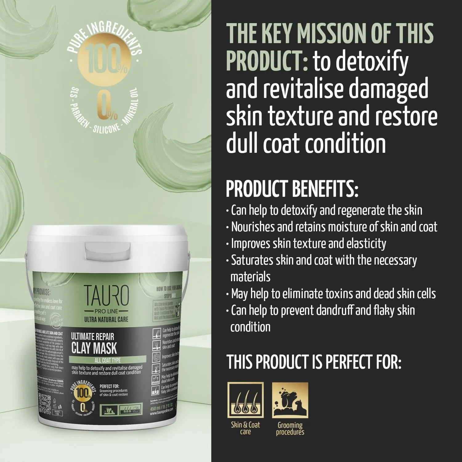 Tauro Pro Line Ultra Natural Care Ultimate Repair Dog & Cat Clay Mask For All Coat Type To Restore, Detox And Regenerate