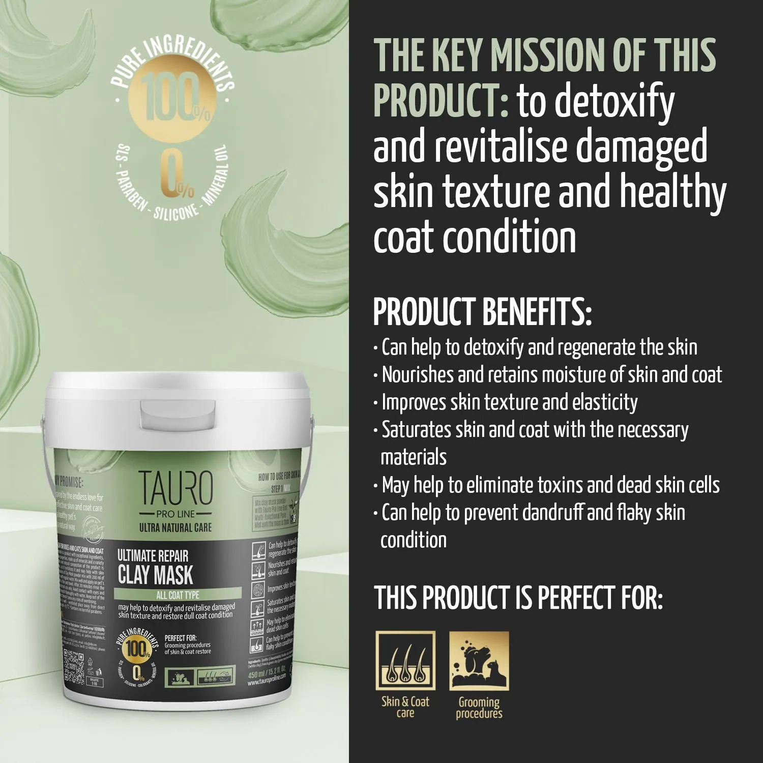 Tauro Pro Line Ultra Natural Care Ultimate Repair Dog & Cat Clay Mask For All Coat Type To Restore, Detox And Regenerate