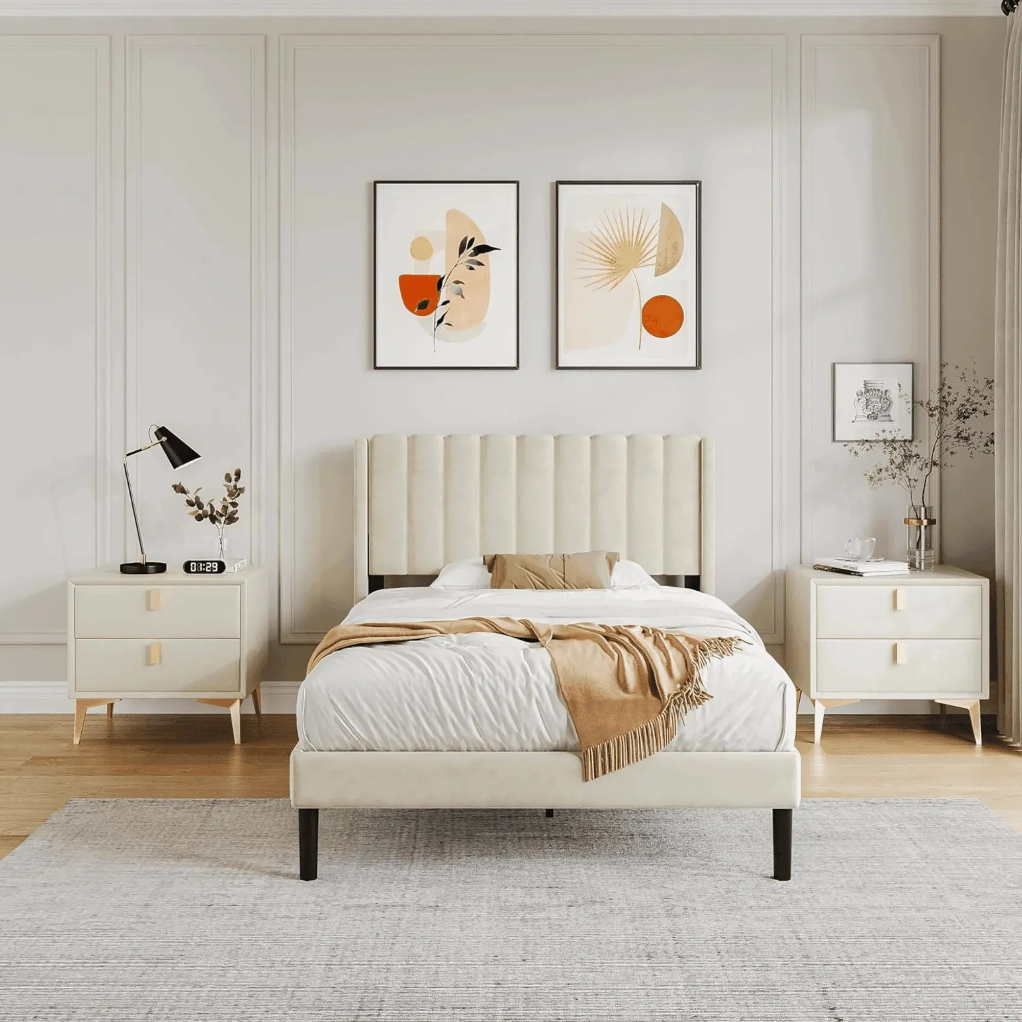 Wooden Twist Modern Rectangular Velvet Upholstery Bed with Soft Wingback Headboard ( Cream )