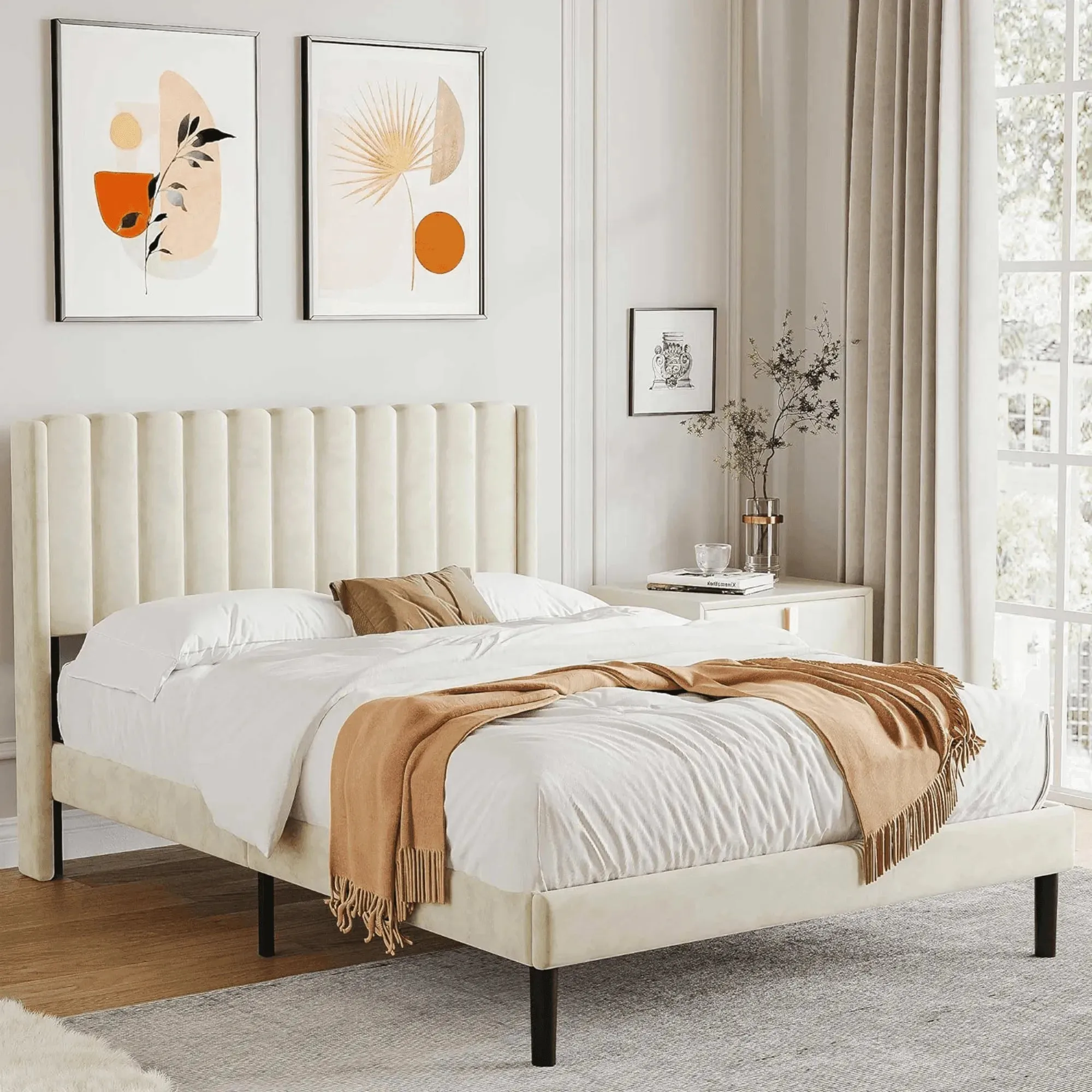 Wooden Twist Modern Rectangular Velvet Upholstery Bed with Soft Wingback Headboard ( Cream )