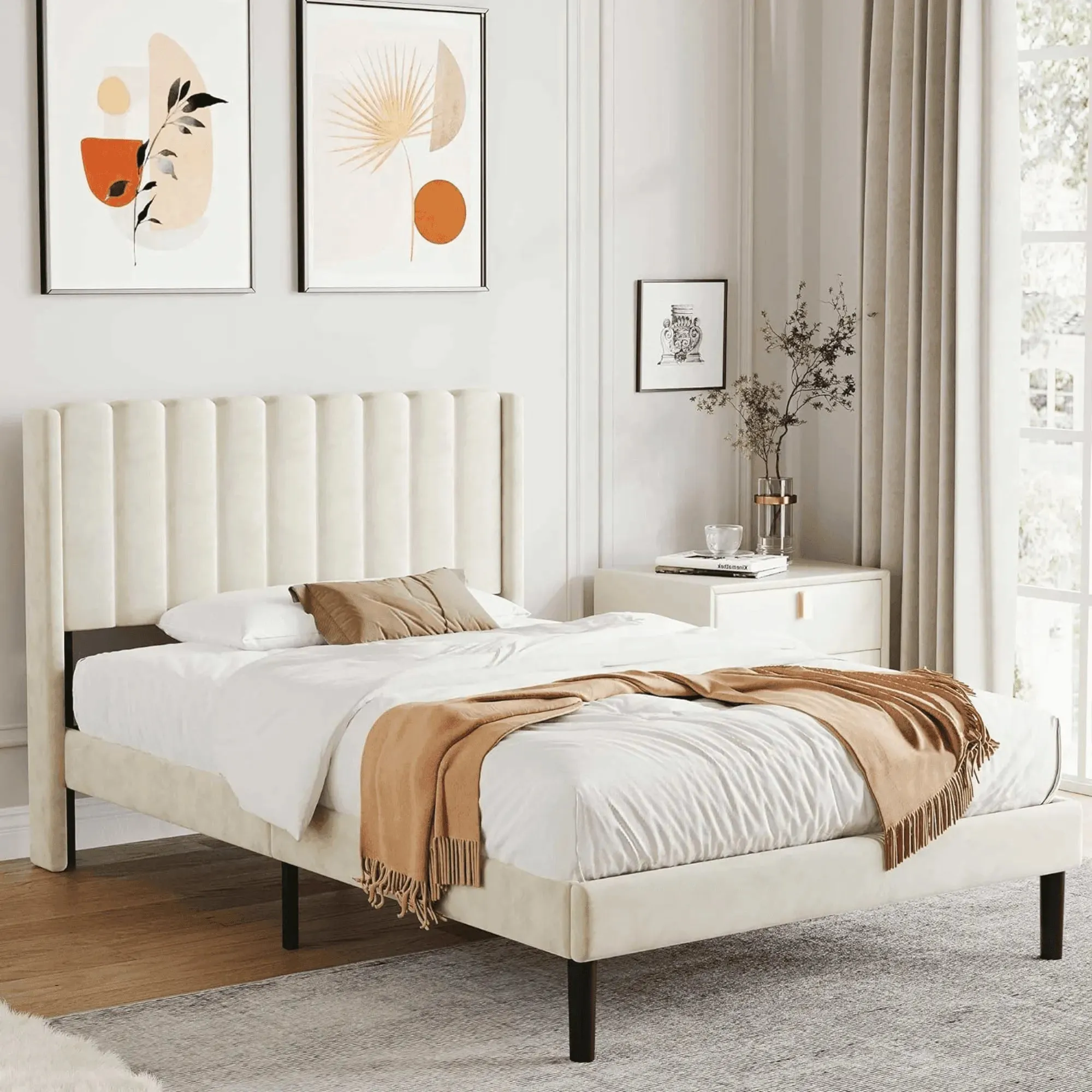 Wooden Twist Modern Rectangular Velvet Upholstery Bed with Soft Wingback Headboard ( Cream )