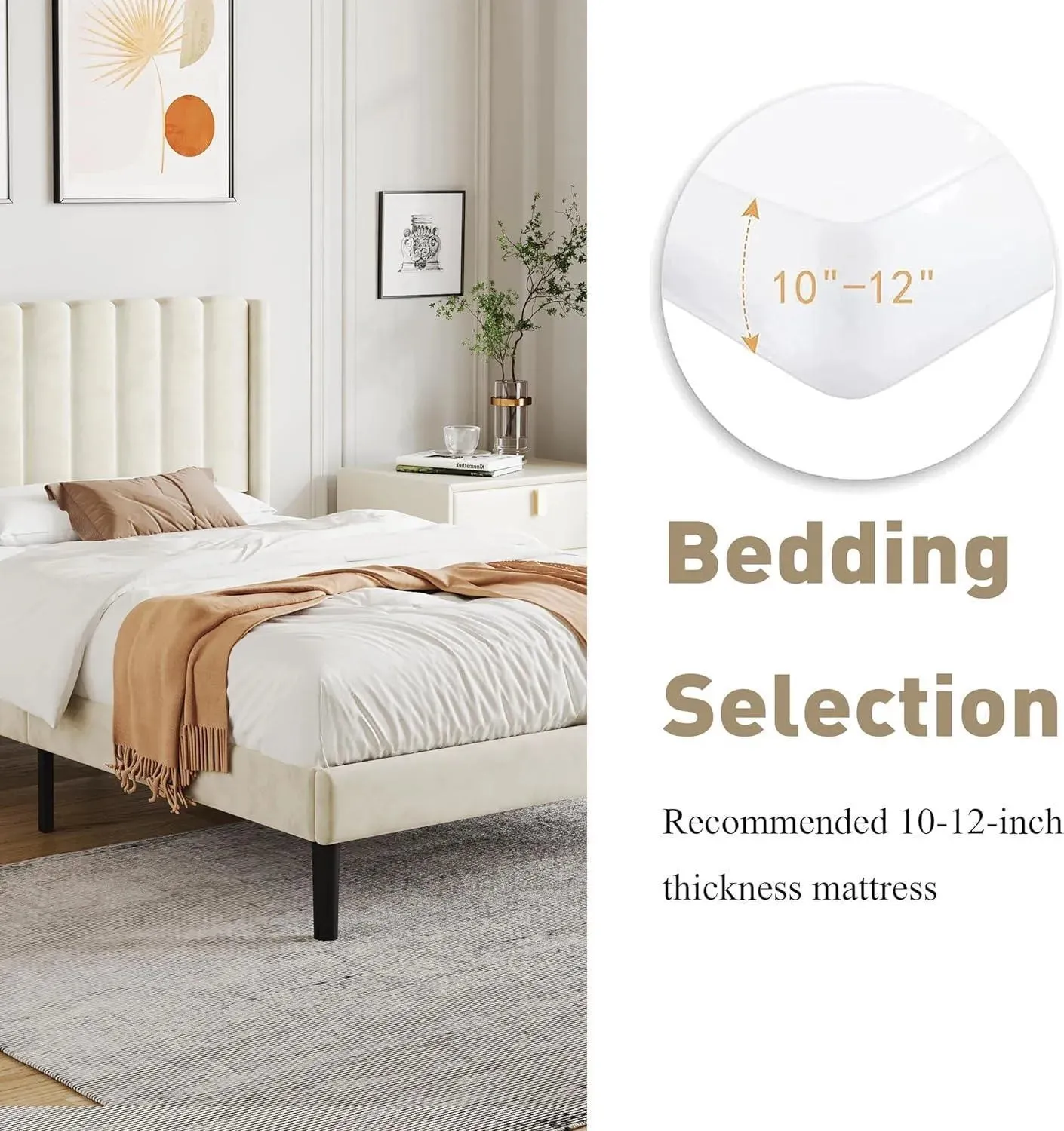 Wooden Twist Modern Rectangular Velvet Upholstery Bed with Soft Wingback Headboard ( Cream )