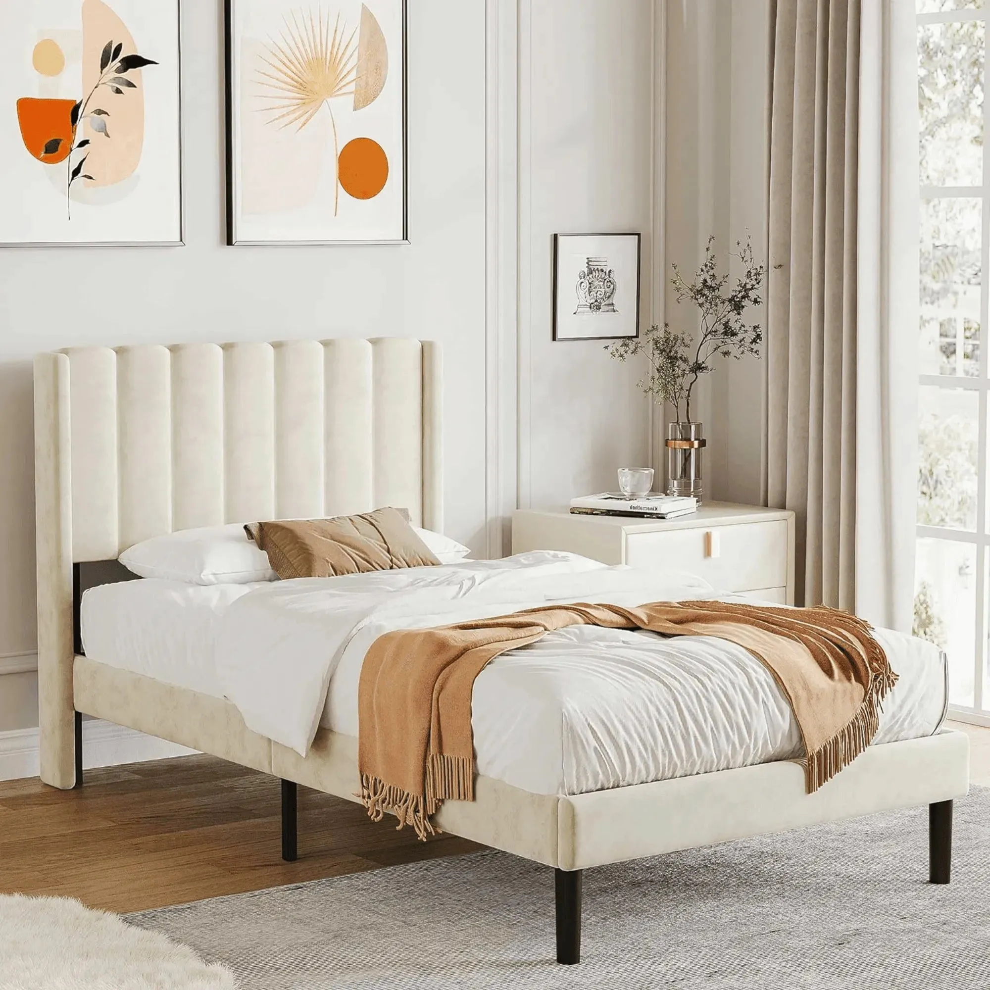 Wooden Twist Modern Rectangular Velvet Upholstery Bed with Soft Wingback Headboard ( Cream )