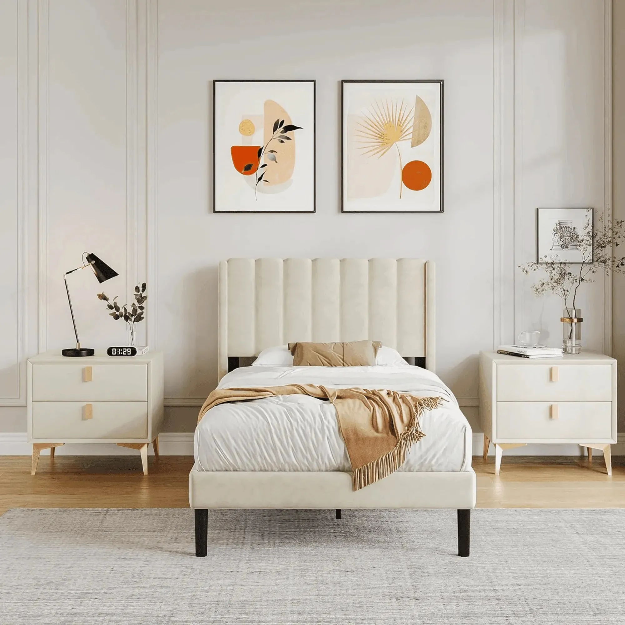 Wooden Twist Modern Rectangular Velvet Upholstery Bed with Soft Wingback Headboard ( Cream )