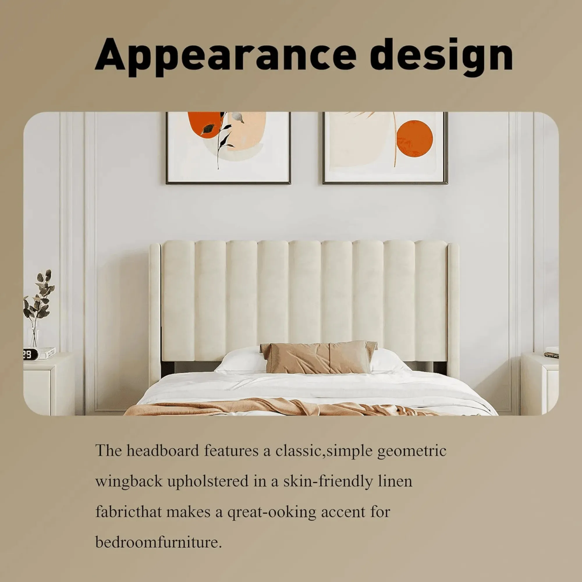 Wooden Twist Modern Rectangular Velvet Upholstery Bed with Soft Wingback Headboard ( Cream )