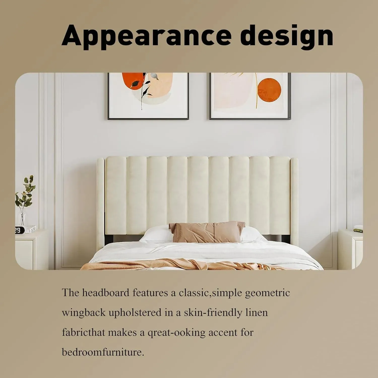 Wooden Twist Modern Rectangular Velvet Upholstery Bed with Soft Wingback Headboard ( Cream )