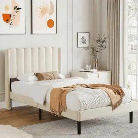 Wooden Twist Modern Rectangular Velvet Upholstery Bed with Soft Wingback Headboard ( Cream )
